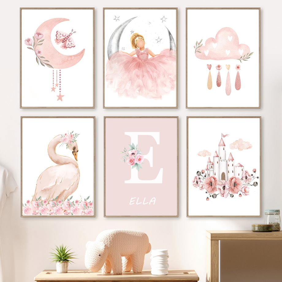 Baby Nursery Art - Pink Angel Girl Sun Moon Cloud