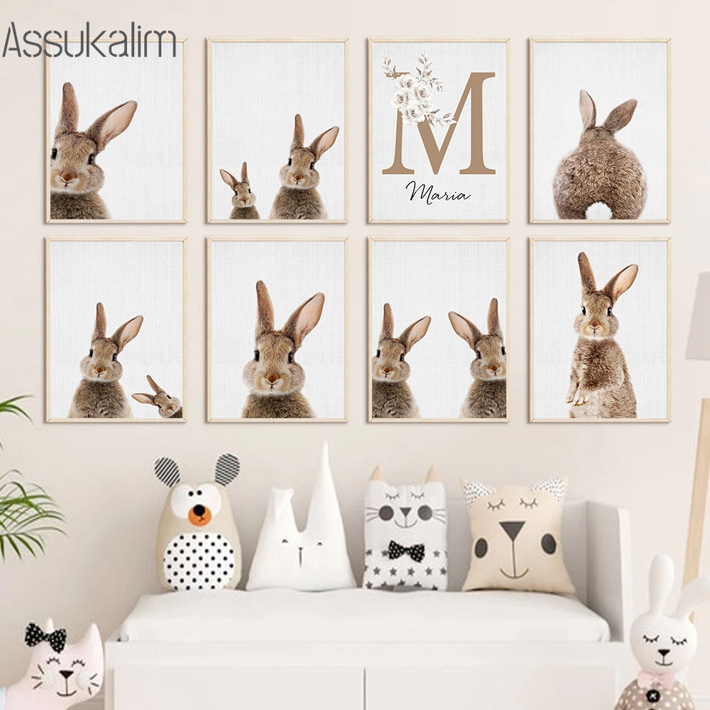 Baby Nursery Animal Pictures - Rabbit Canvas Painting Custom Name Print
