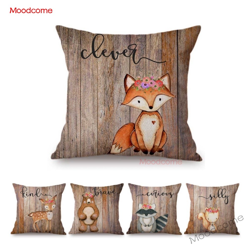 Baby Nursery Pillow - Cute Woodland Animals Wood Texture Baby