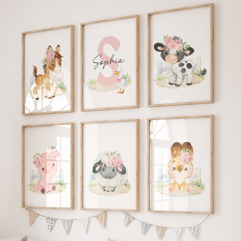 Baby Nursery Art - Pink Horse Rabbit Chicken Pig Dog