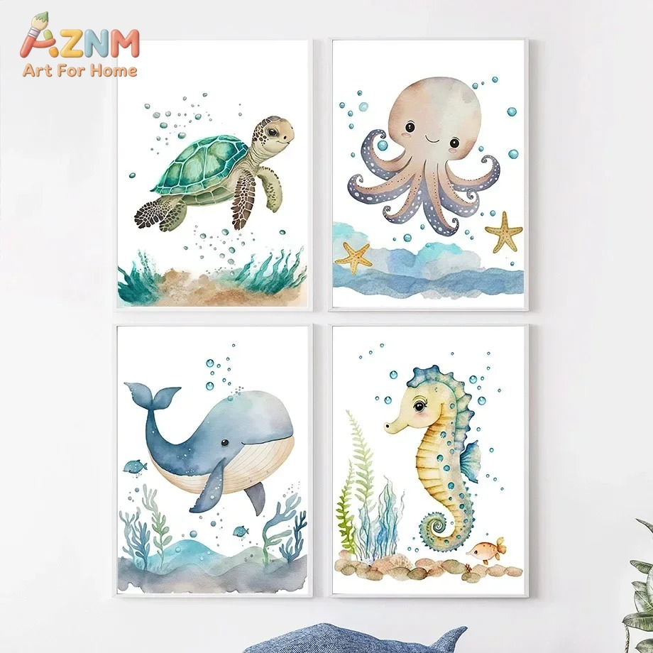 Baby Nursery Art - Cute Whale Sea Horse Octopus Crab