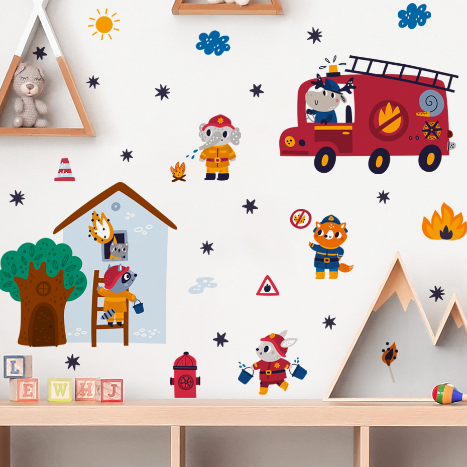 Baby Nursery Animal Theme - Cartoon Animal Firefighter Rescue Theme Wall
