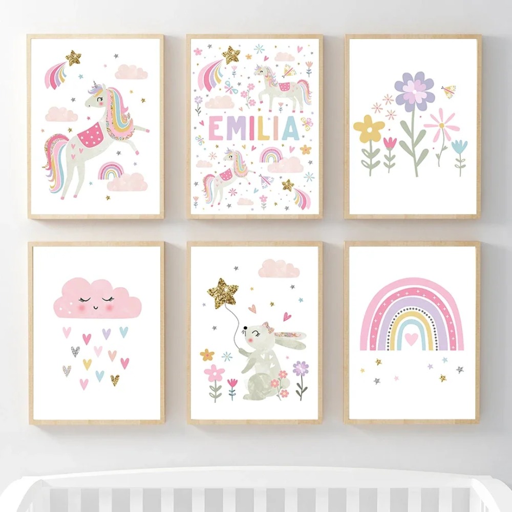 Baby Nursery Art - Pink Unicorn Rabbit Rainbow Cloud Flower