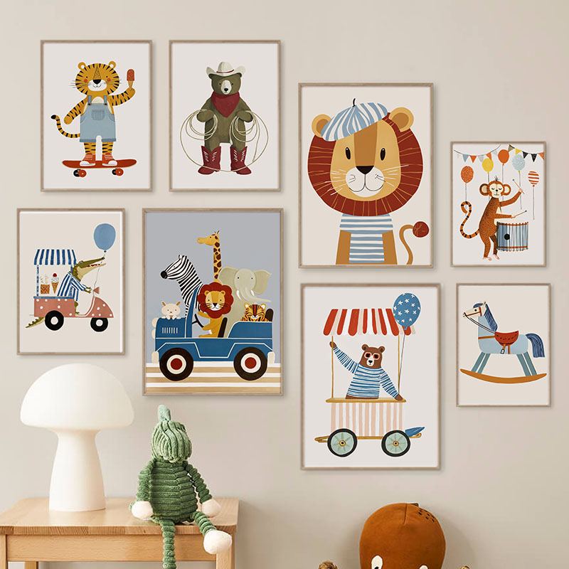 Baby Nursery Art - Funny Cartoon Animal Car Balloon Nursery