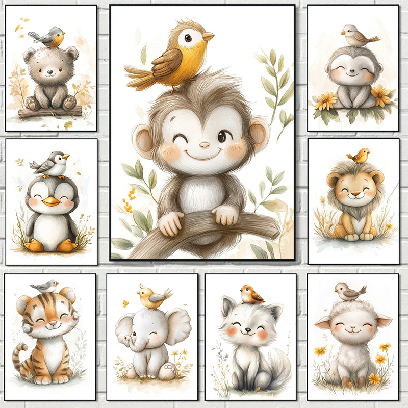 Baby Nursery Art - Boho Style Cartoon Animal Illustrations Posters
