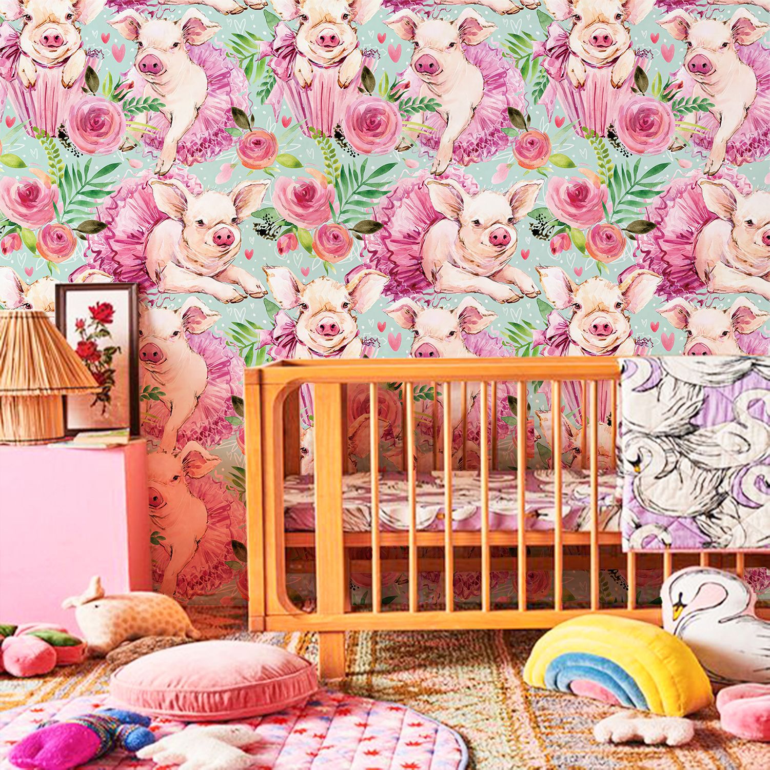 Pink Rose Floral Cute Baby Pig - đánh giá và giá Baby Nursery Animal Theme
